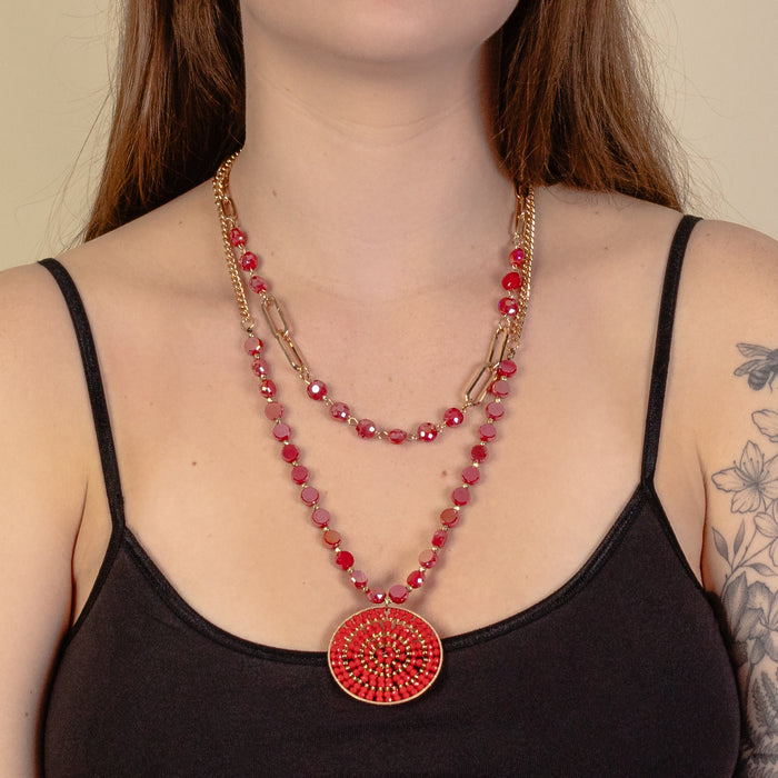 1227 - Beaded Layered Necklace - Red