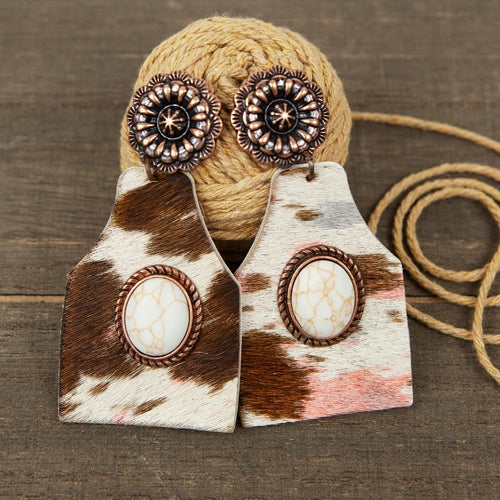 73998 - Animal Hide and Turquoise Earrings - Cow Hide Ivory