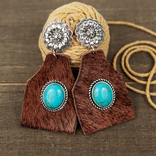 73998 - Animal Hide and Turquoise Earrings - Turquoise Silver