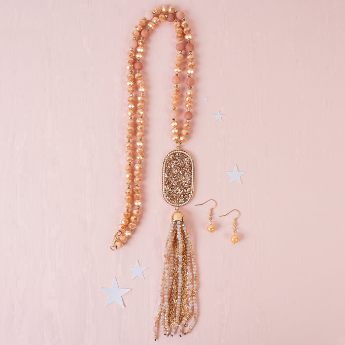 92058 - Beaded Tassel Necklace - Champagne