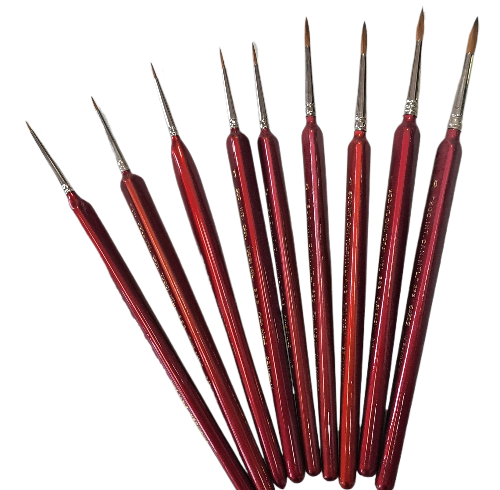 red sable art brushes with triangular handles and nickel-plated ferrules