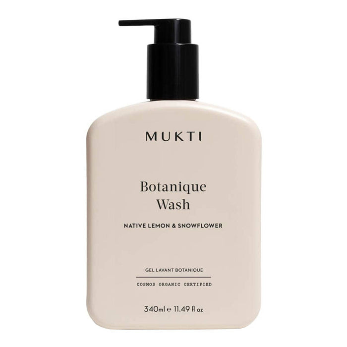 Mukti Botanique Wash bottle on a white background. Native lemon & snowflower body wash.