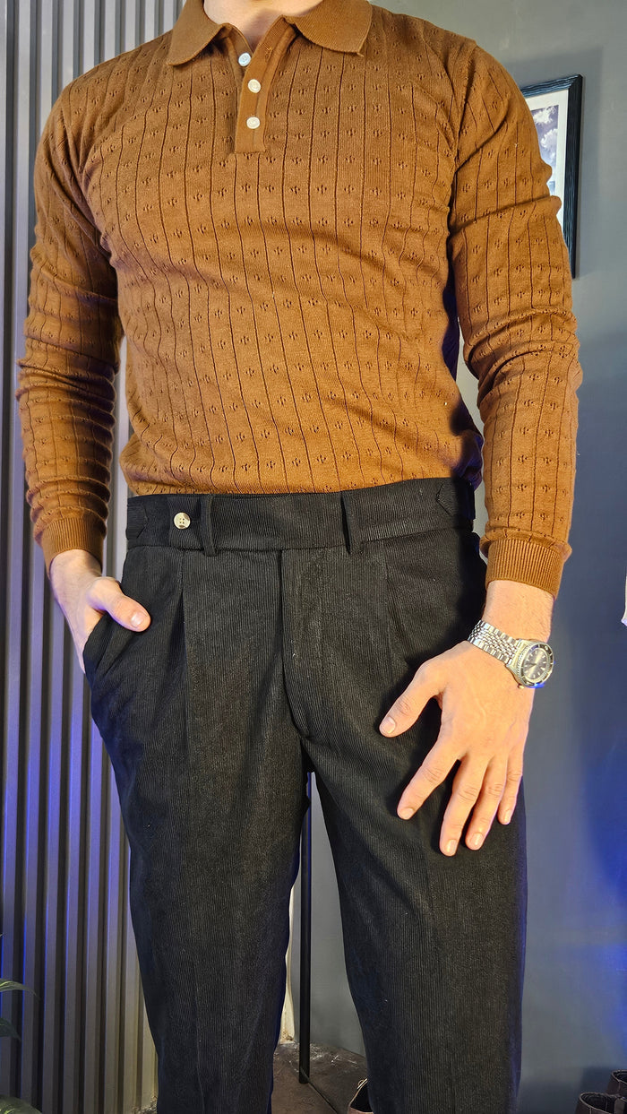 Brown Wide Stripes Full Sleeves Knit Polo × Black Corduroy Oxford Gurkha Pant