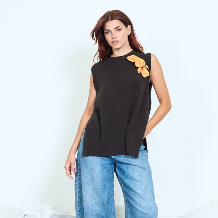 Bunny charm longline knitted vest with side slits wholesale