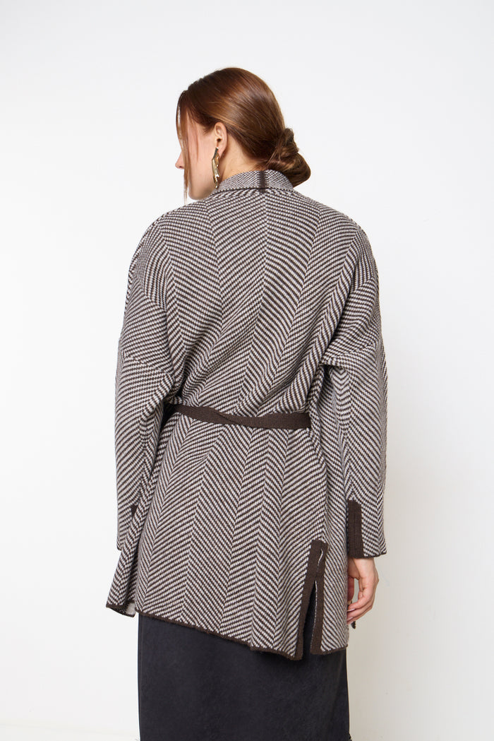 Chevron knit longline cardigan with shawl lapel wholesale