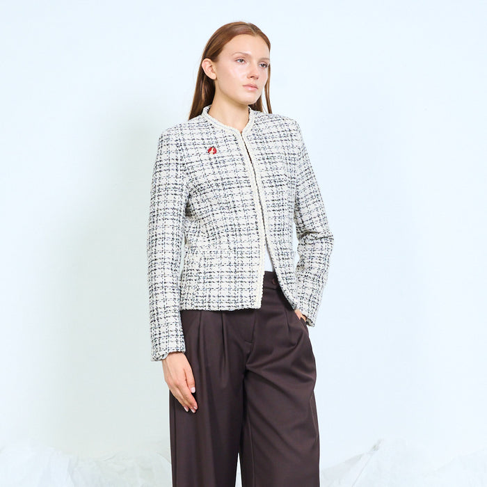Collarless textured jacket with braided trim wholesale