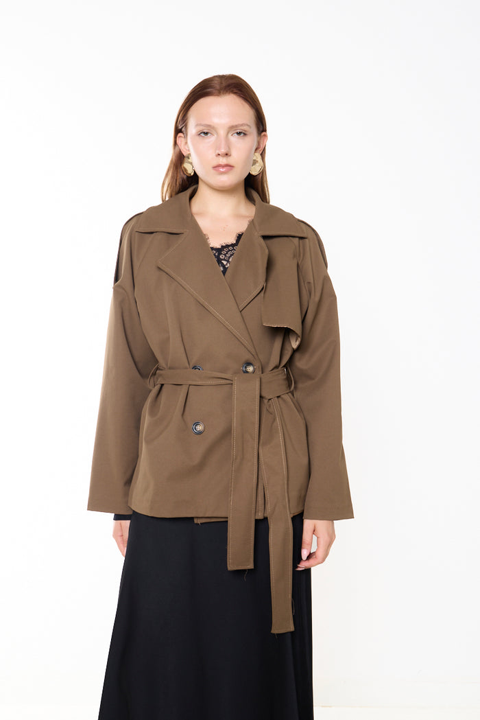 Cropped belted trench jacket with storm flap wholesale