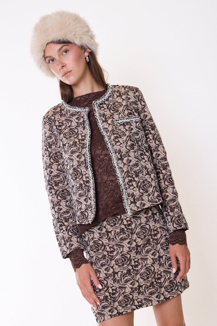 Cropped floral blazer with beaded trim wholesale