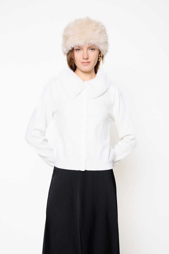 Cropped jacket with plush fur collar and button front wholesale