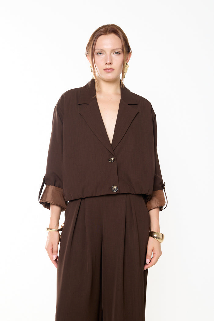 Cropped tailored blazer with adjustable ruched sleeves wholesale