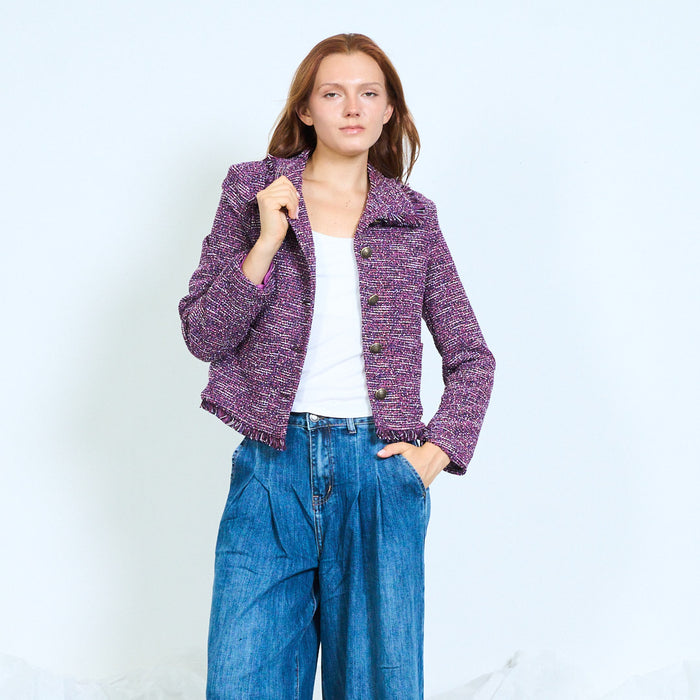Cropped tweed jacket with frayed trims and button front wholesale