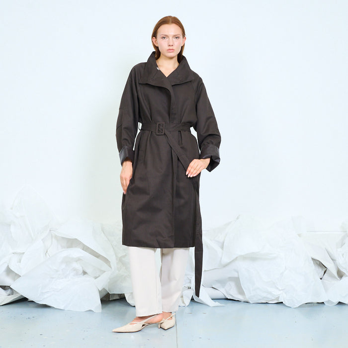 Draped belted trench coat with asymmetric front wholesale