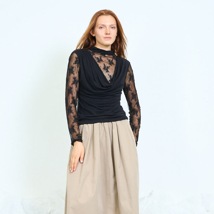 Draped cowl-neck blouse with lace sleeves wholesale