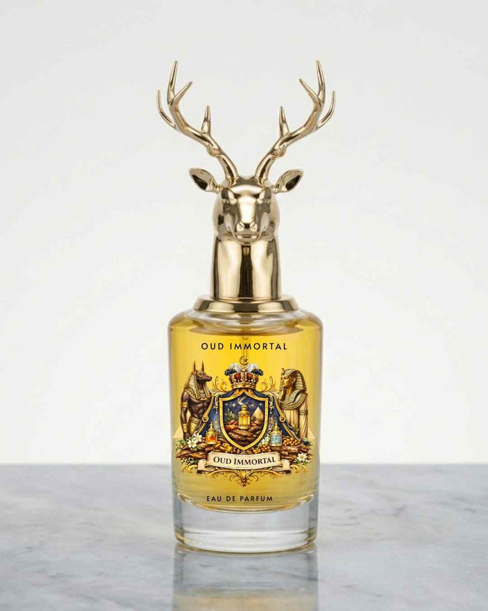 Eternia Oud Immortal eau de parfum bottle with gold deer-antler cap and amber liquid