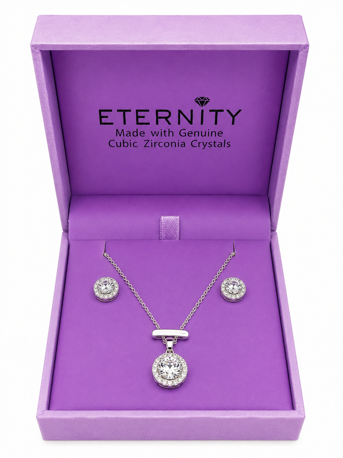 Eternity Cubic Zirconia Silver Circle Drop Necklace & Earrings Set