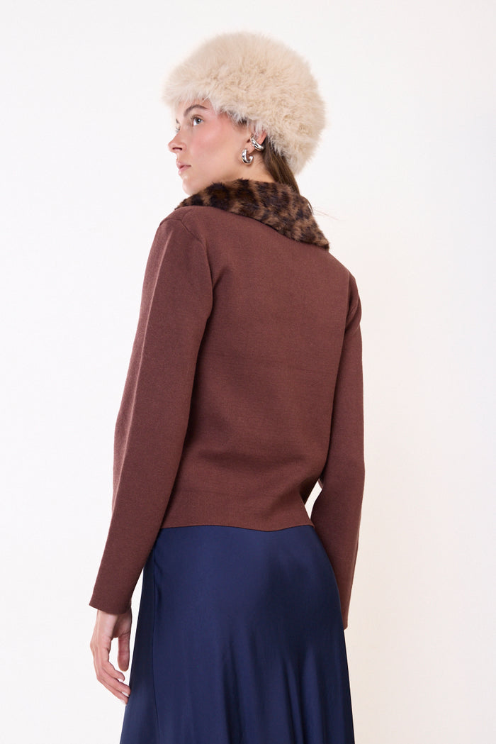 Faux fur collar button-front knit sweater wholesale