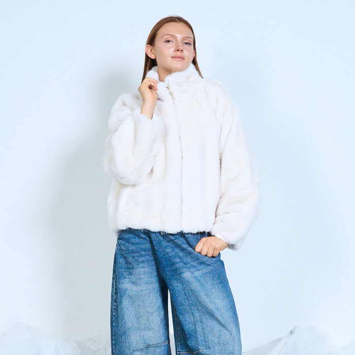 Faux-fur zip-up jacket with stand collar wholesale