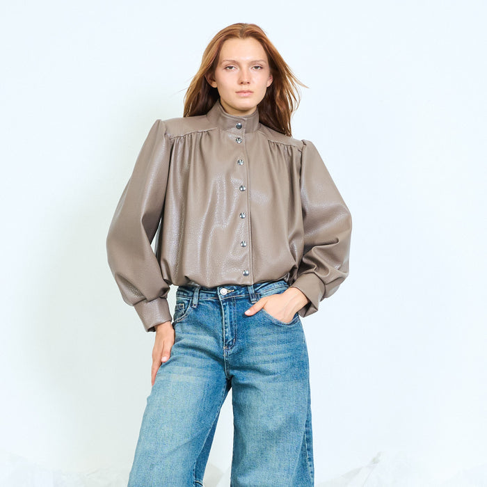 Faux-leather cropped jacket with gathered shoulders wholesale