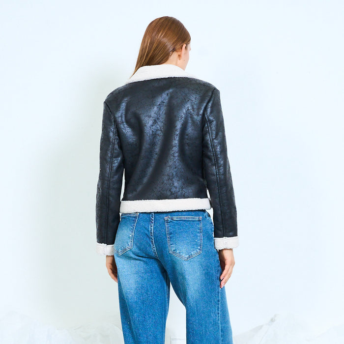 Faux-leather shearling-trimmed aviator jacket wholesale
