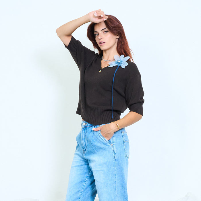 Floral brooch polo-knit top with open neckline wholesale