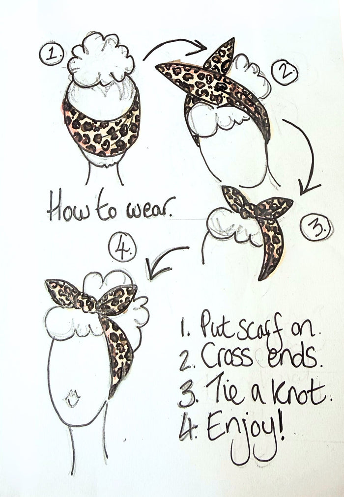 Step-by-step illustration on how to wear a leopard print scarf with text instructions.