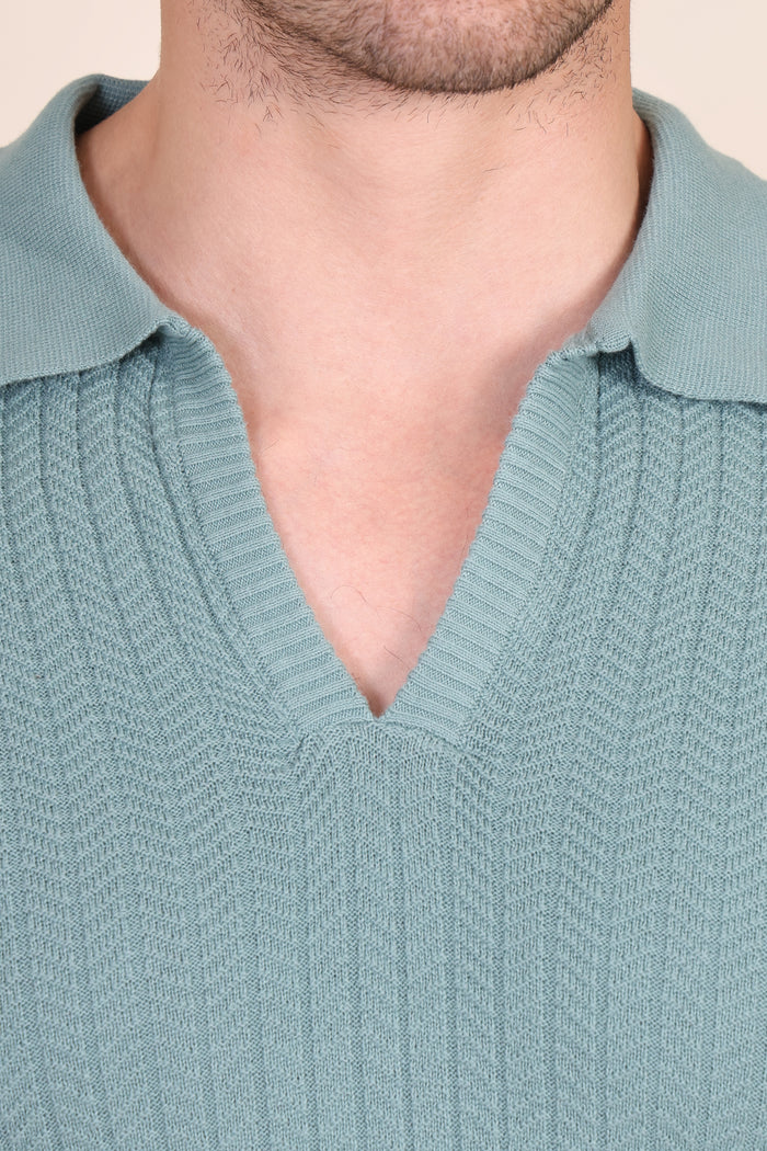 Herringbone Sage Green Half Sleeve Knit Polo by ITALIAN VEGA®