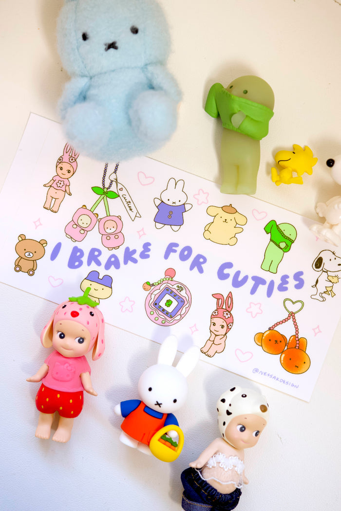 Hand-illustrated kawaii bumper sticker by Nessa K Designs. Waterproof & weatherproof, 7.5" x 3.75". Packed with trinket-culture favorites.