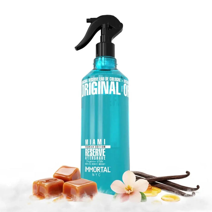 Blue spray bottle labeled 'Original' with vanilla beans and flowers on a white background