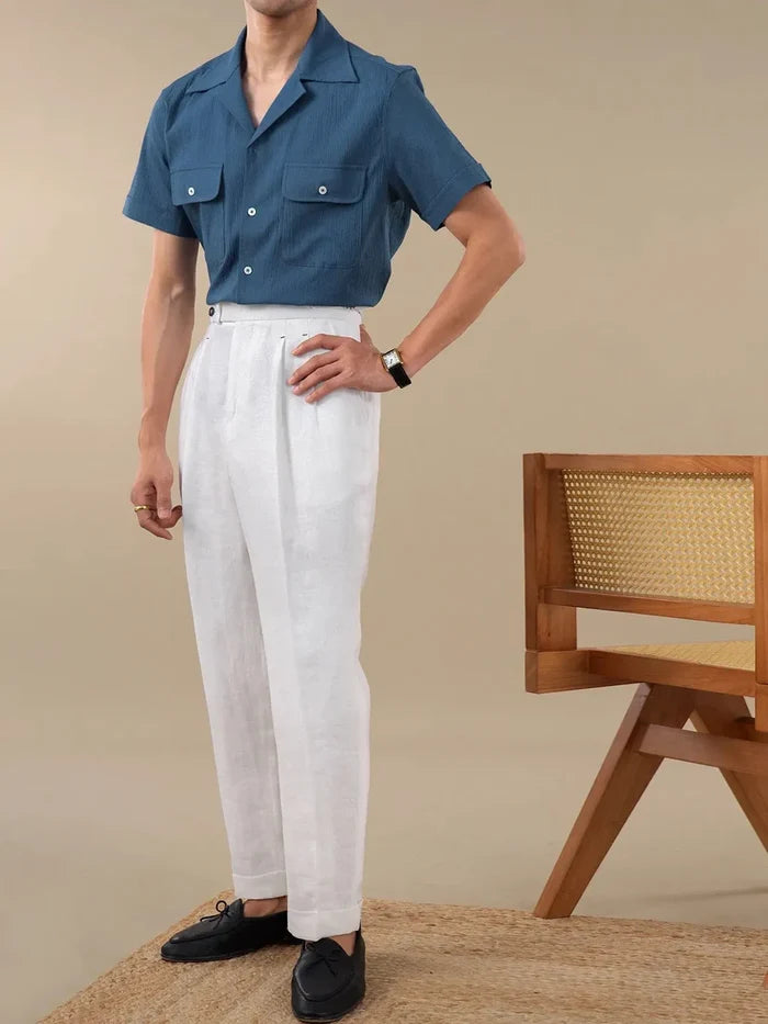 Italian Vega - Cuban Collar Dual Pocket Crumpled Linen Shirt - 008