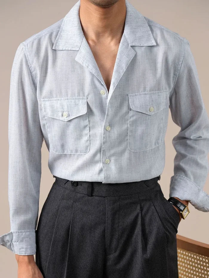 Italian Vega Blend Linen Cuban Collar Safari Shirt - 018