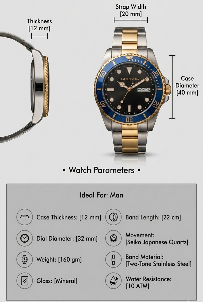 Italian Vega Riviera Diver Watch – Blue & Gold Stainless Steel Luxury Timepiece