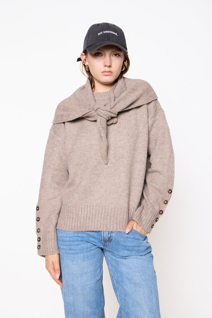 Knit sweater with attached scarf collar and button cuffs wholesale