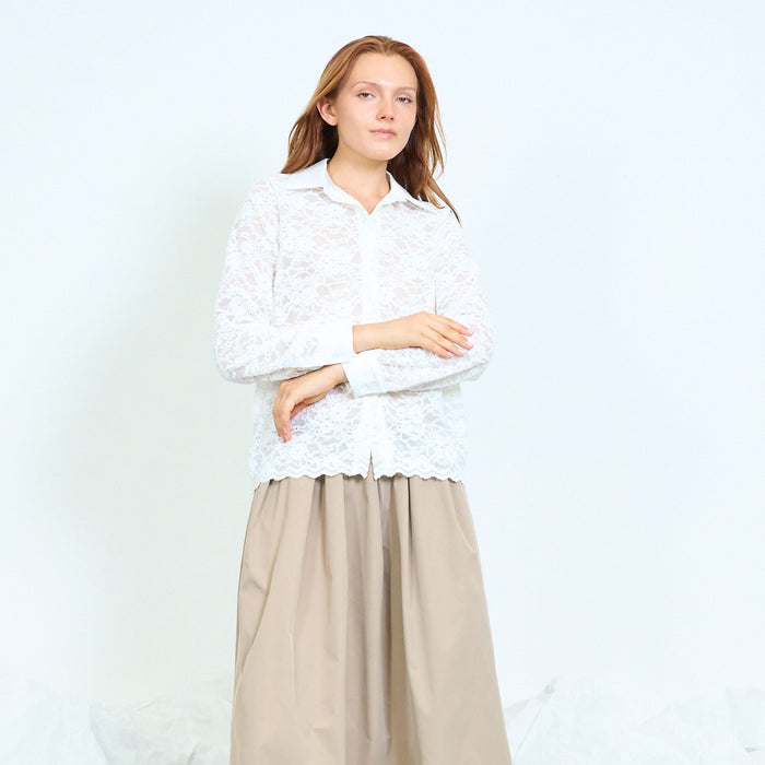 Lace shirt with contrast collar and scalloped hem wholesale
