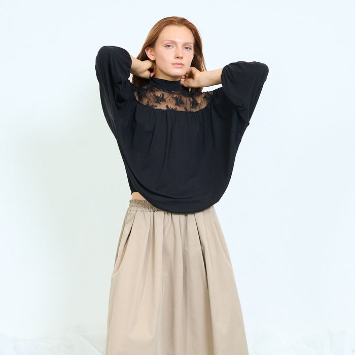 Lace yoke blouse with gathered body and satin collar wholesale