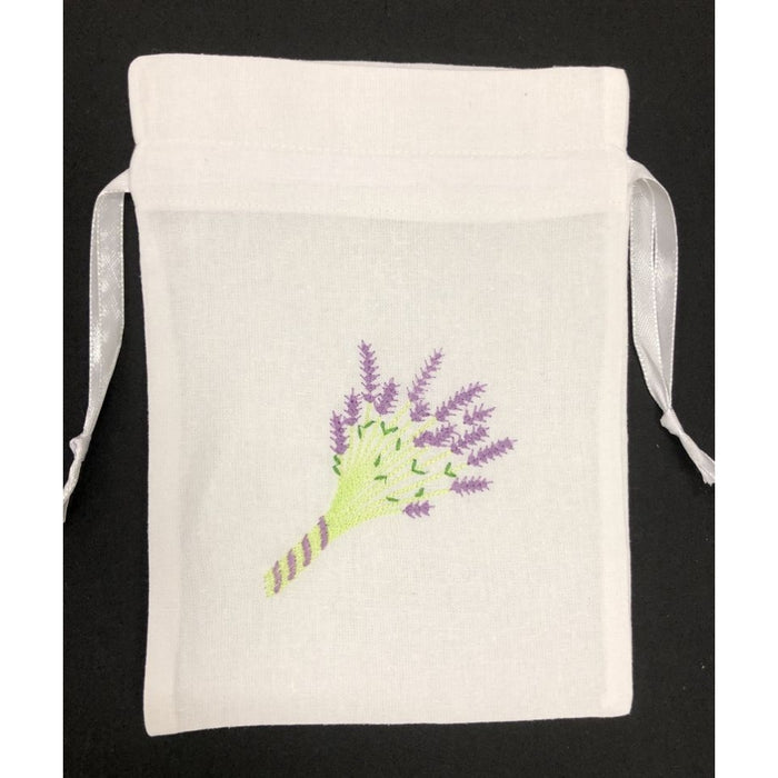 A white fabric drawstring pouch featuring a printed illustration of a lavender bunch in purple and light green