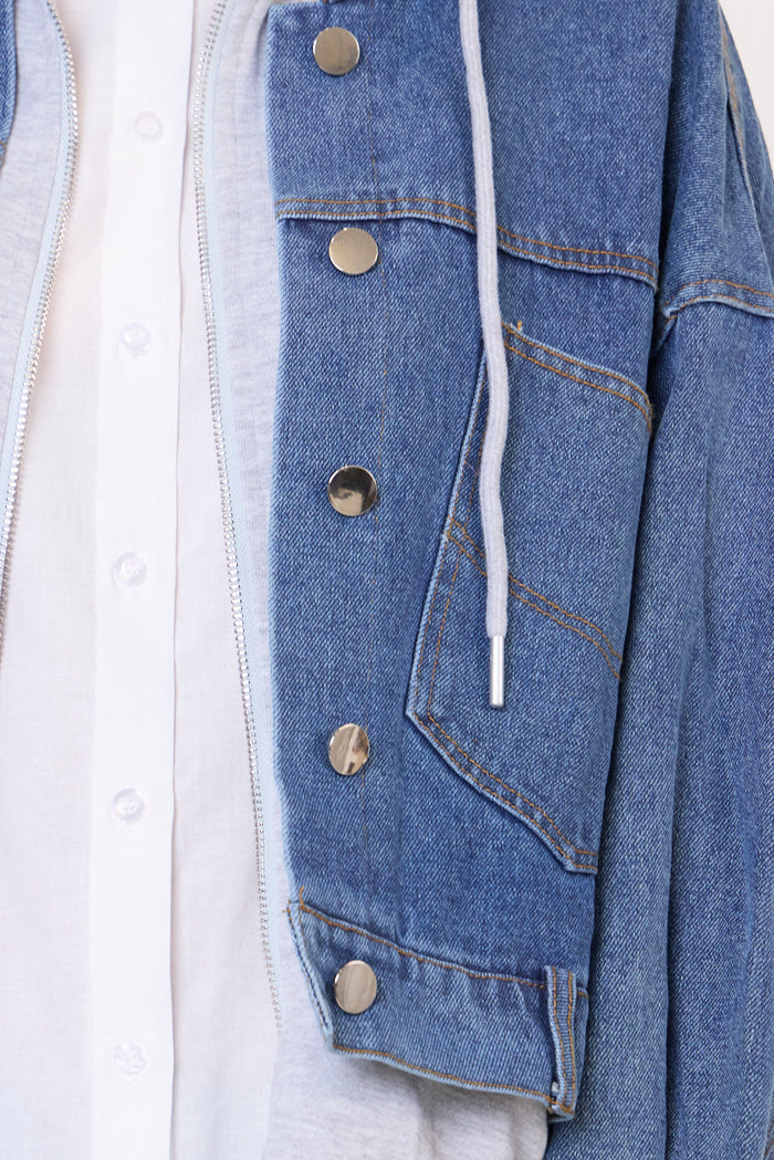 Layered denim jacket with hood and utility pockets wholesale