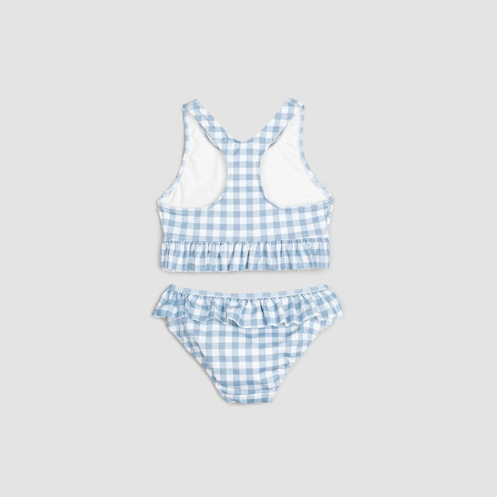 Back view of Mile The Label girls gingham tankini swimsuit showing ruffled straps and two-piece design.