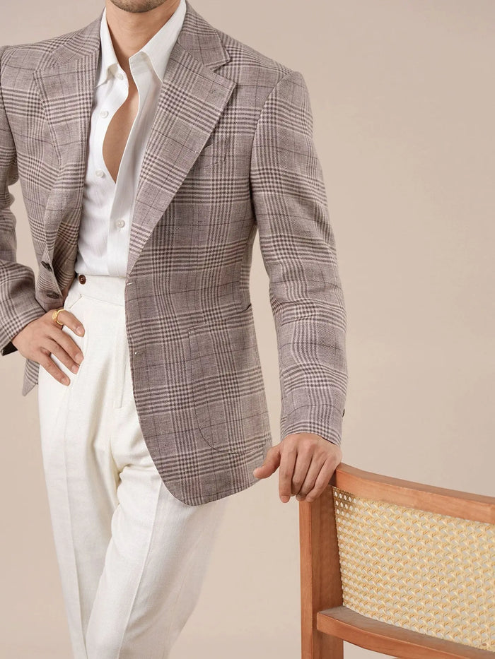 Men's Italian Prince of Wales Check Linen Blazer - BRABION