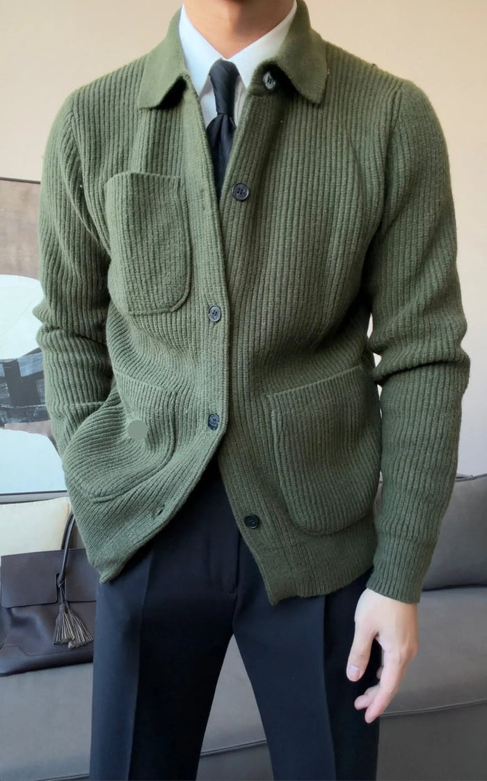 Men’s Thick Collared Knit Cardigan - BRABION