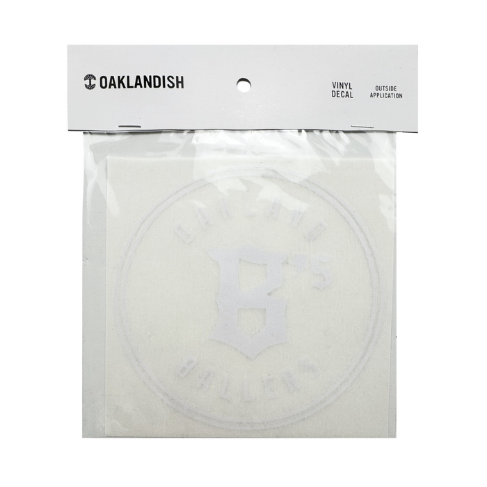 The Oakland Ballers Decal - 6" is a white vinyl window sticker by Oakland Ballers, packaged in a clear sleeve labeled "OAKLANDISH VINYL DECAL," featuring a large "B" and circular "BROTHER BALLERS" text for the baseball team.