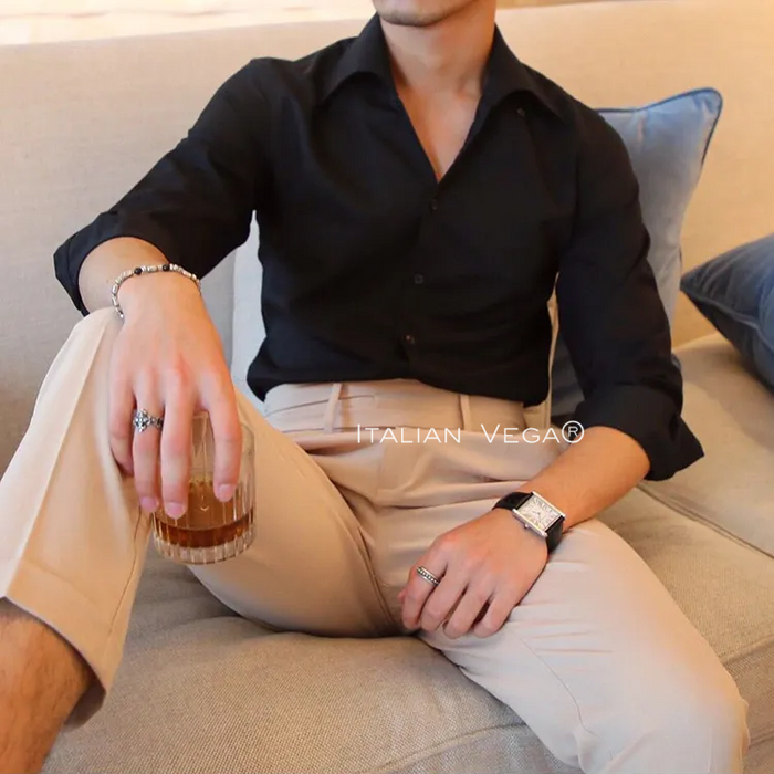 Old Money Black Shirt with Dark Blue Denim Signature Buttoned Gurkha Pant by ITALIAN VEGA®