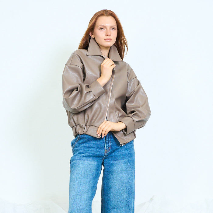 Oversized faux-leather jacket with zip fastening wholesale