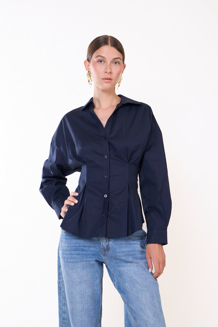 Pointed-collar shirt with gathered sleeve details wholesale