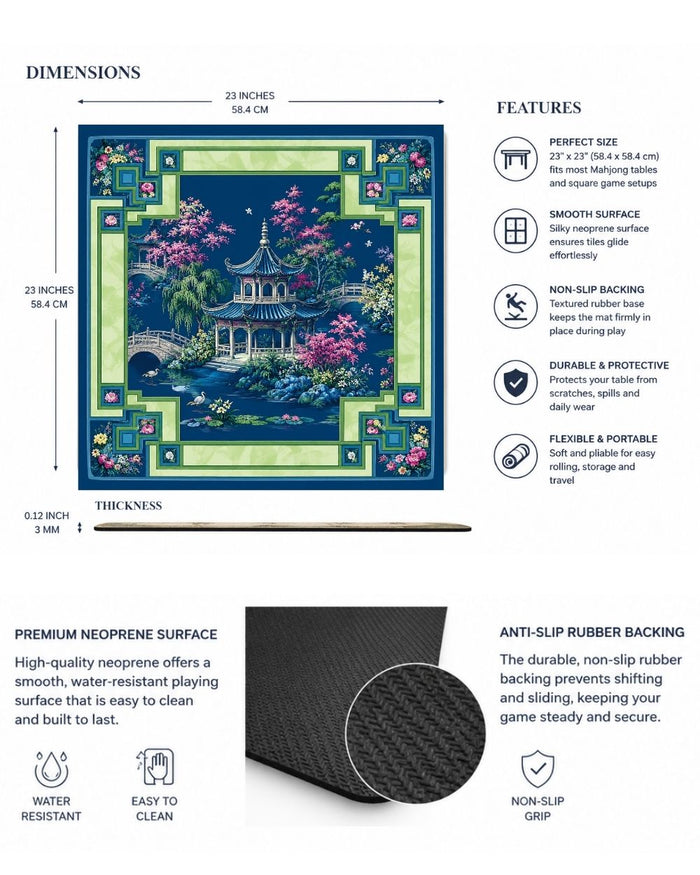Square table mat diagram with non-slip rubber backing and neoprene surface texture
