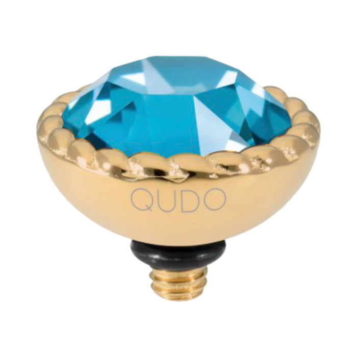 QUDO Bocconi 11mm interchangeable jewelry top featuring a Teal Ignite Swarovski crystal set in polished gold stainless steel.