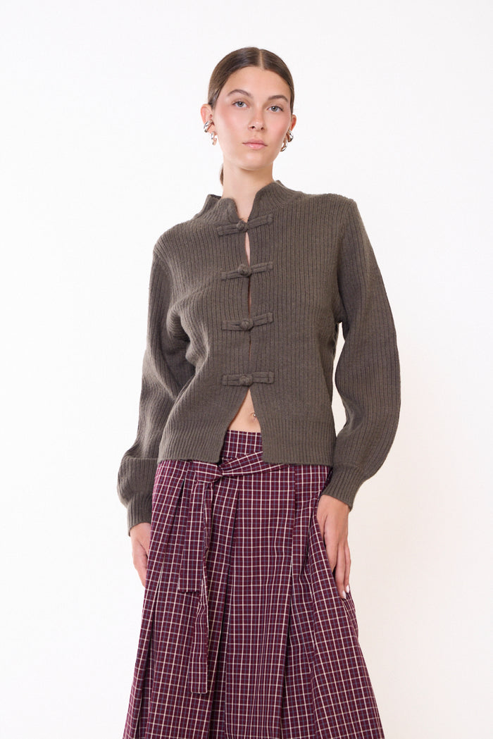 Ribbed mandarin-collar toggle cardigan wholesale