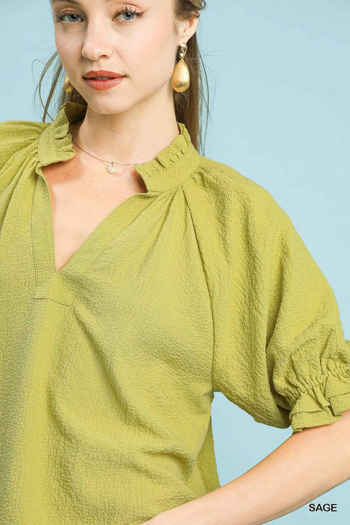 Sage Serenade Ruffle Collar Top