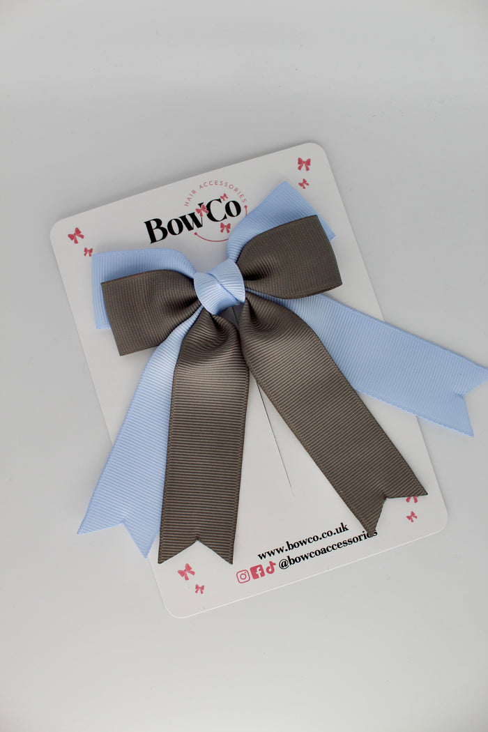 School Bluebell and Grey Double Ribbon Tail Bow – Clip