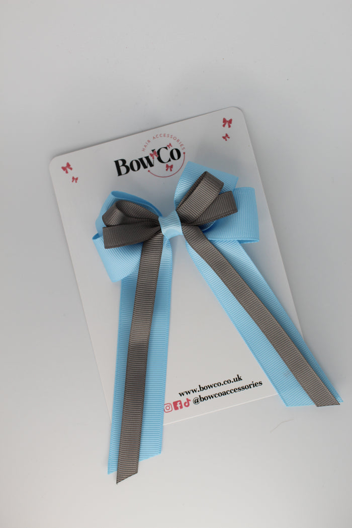 School Bow Blue Topaz and Metal Grey - Double Bow Tail