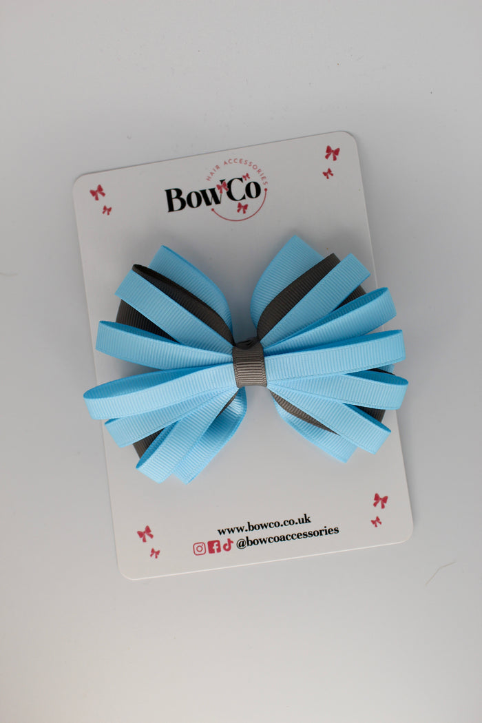 School Bow Blue Topaz and Metal Grey - Spiral Bow - Clip